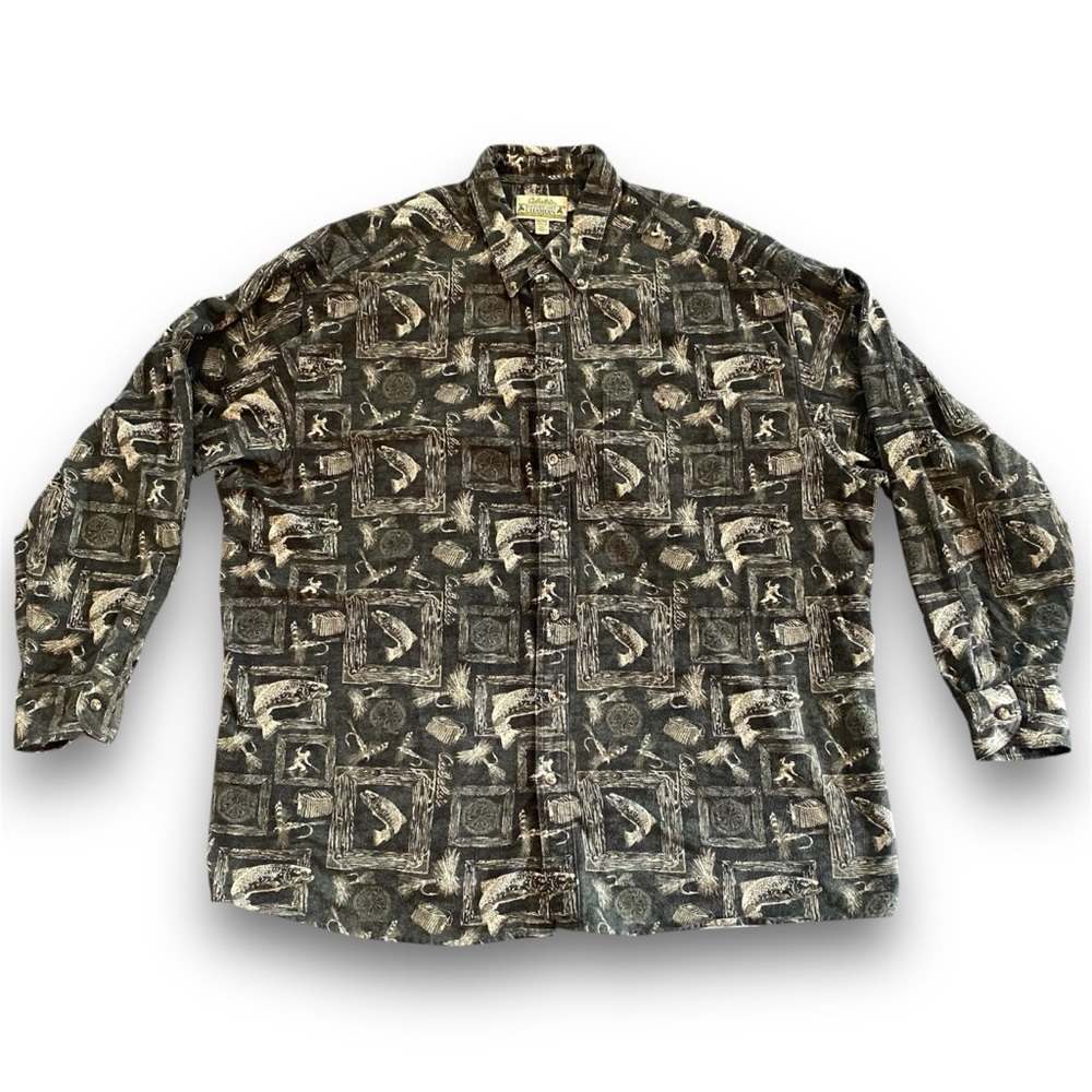 Cabelas Deerskin Chamois Shirt 3XL Brown Salmon Fishing Print All Over Cotton